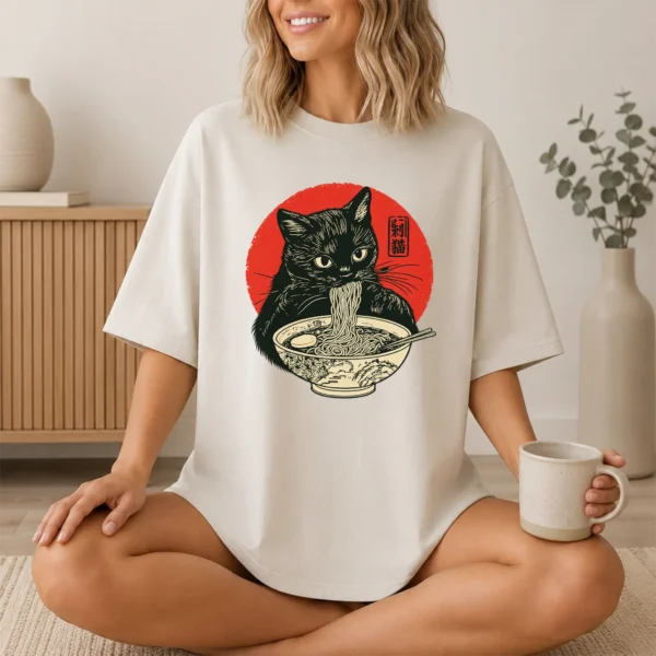 Black Cat Ramen Shirt, Sweatshirt & Hoodie — lifestyle mockup Black Cat Ramen Shirt t-shirt lifestyle scene