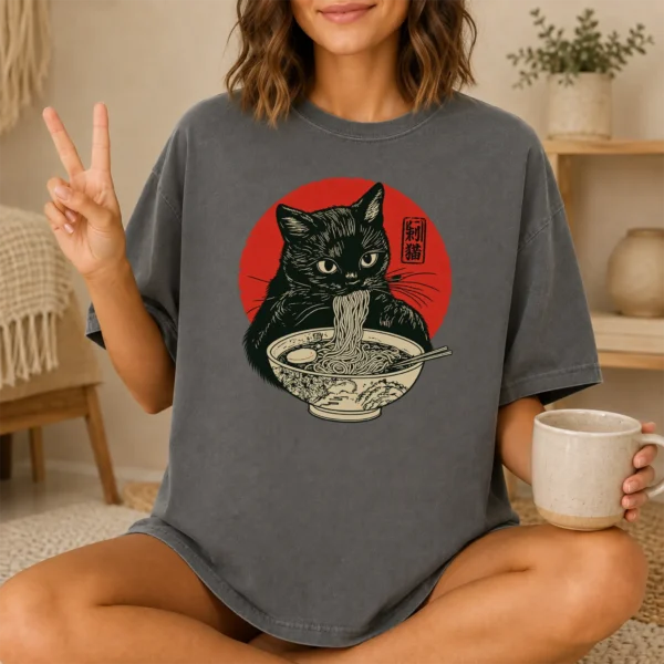 Black Cat Ramen Shirt, Sweatshirt & Hoodie — lifestyle mockup Black Cat Ramen Shirt t-shirt lifestyle scene