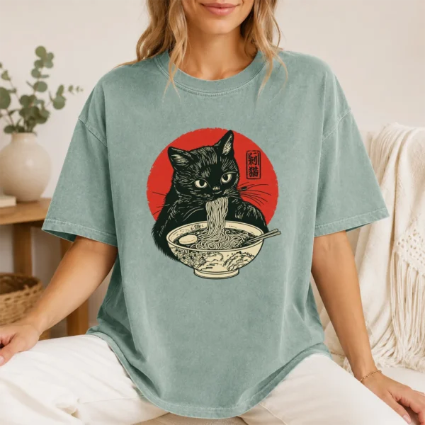 Black Cat Ramen Shirt, Sweatshirt & Hoodie — lifestyle mockup Black Cat Ramen Shirt t-shirt lifestyle scene