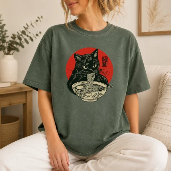 Black Cat Ramen Shirt, Sweatshirt & Hoodie — lifestyle mockup Black Cat Ramen Shirt t-shirt lifestyle scene
