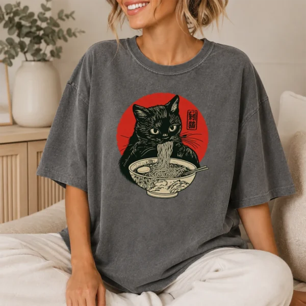 Black Cat Ramen Shirt, Sweatshirt & Hoodie — lifestyle mockup Black Cat Ramen Shirt t-shirt lifestyle scene