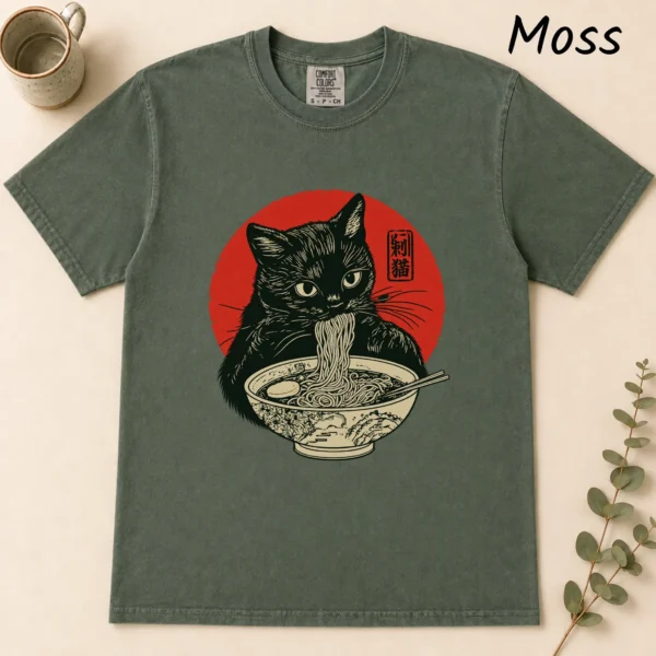 Black Cat Ramen Shirt, Sweatshirt & Hoodie — alternate product mockup Black Cat Ramen Shirt t-shirt flat lay view