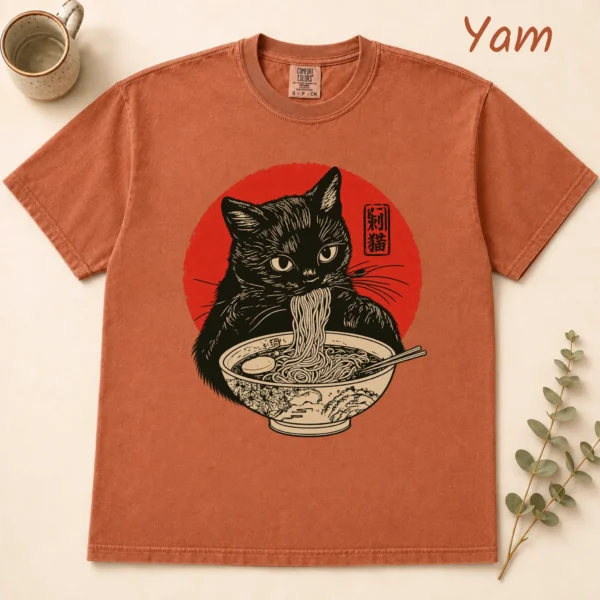 Black Cat Ramen Shirt, Sweatshirt & Hoodie — alternate product mockup Black Cat Ramen Shirt t-shirt flat lay view