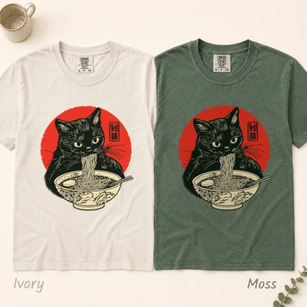 Black Cat Ramen Shirt, Sweatshirt & Hoodie — alternate product mockup Black Cat Ramen Shirt t-shirt color options