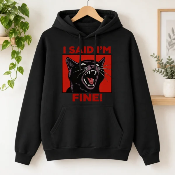 Black Cat Shirt, Sweatshirt & Hoodie, I Said I'm Fine! — alternate product mockup black cat shirt t-shirt lifestyle scene