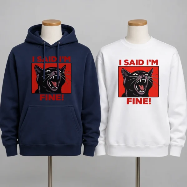 Black Cat Shirt, Sweatshirt & Hoodie, I Said I'm Fine! — alternate product mockup black cat shirt t-shirt close-up detail