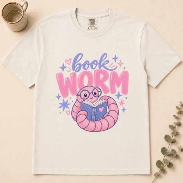 Book Worm Shirt, Sweatshirt & Hoodie — alternate product mockup book worm shirt t-shirt flat lay view