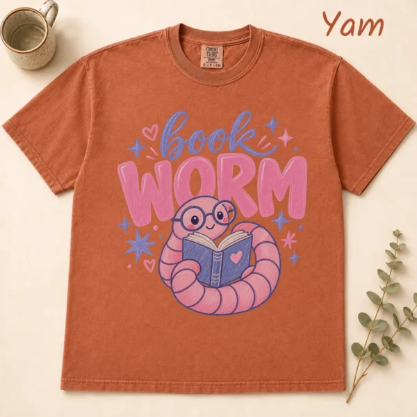Book Worm Shirt, Sweatshirt & Hoodie — alternate product mockup book worm shirt t-shirt flat lay view
