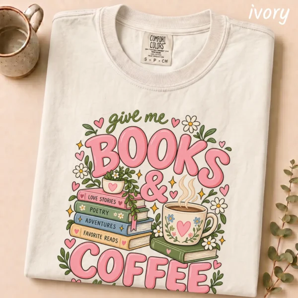 Books & Coffee Shirt, Sweatshirt & Hoodie for Book Lovers — alternate product mockup books and coffee shirt t-shirt close-up detail