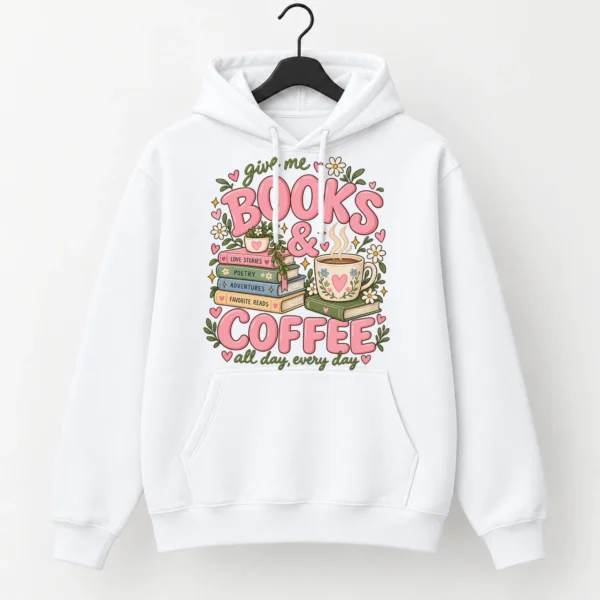Books & Coffee Shirt, Sweatshirt & Hoodie for Book Lovers — alternate product mockup books and coffee shirt t-shirt front view