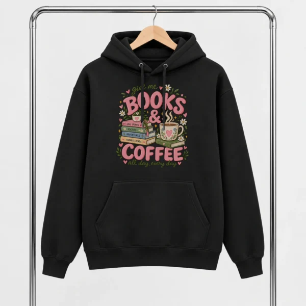 Books & Coffee Shirt, Sweatshirt & Hoodie for Book Lovers — alternate product mockup books and coffee shirt t-shirt alternate angle