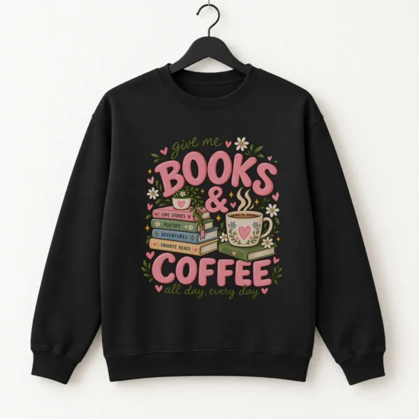 Books & Coffee Shirt, Sweatshirt & Hoodie for Book Lovers — alternate product mockup books and coffee shirt t-shirt product photo