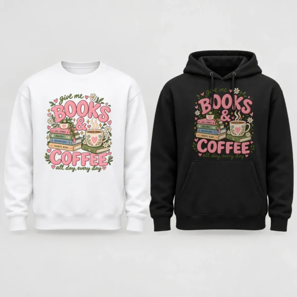 Books & Coffee Shirt, Sweatshirt & Hoodie for Book Lovers — alternate product mockup books and coffee shirt t-shirt mockup view