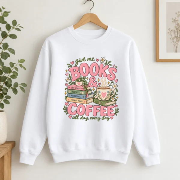 Books & Coffee Shirt, Sweatshirt & Hoodie for Book Lovers — alternate product mockup books and coffee shirt t-shirt product photo