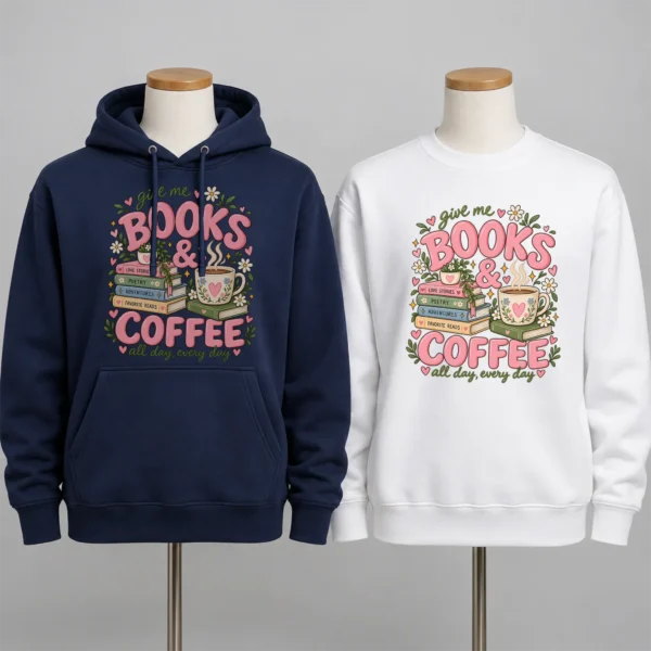 Books & Coffee Shirt, Sweatshirt & Hoodie for Book Lovers — alternate product mockup books and coffee shirt t-shirt product photo