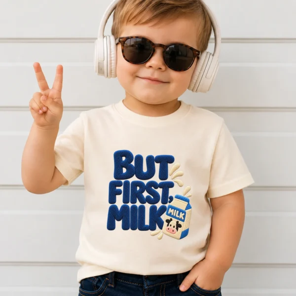 But First Milk Chenille Look Baby Bodysuit & Toddler Clothing — toddler shirt mockup but first milk baby bodysuit product photo