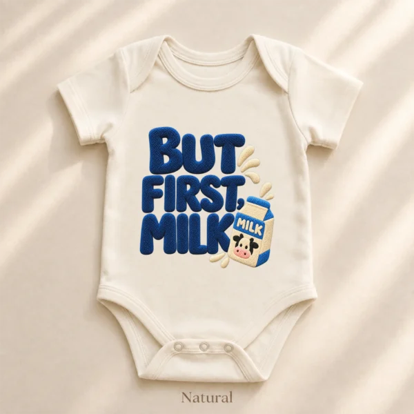 But First Milk Chenille Look Baby Bodysuit & Toddler Clothing — alternate product mockup but first milk baby bodysuit close-up detail
