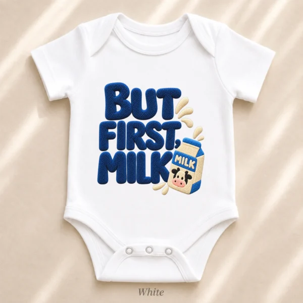 But First Milk Chenille Look Baby Bodysuit & Toddler Clothing — alternate product mockup but first milk baby bodysuit styled product photo