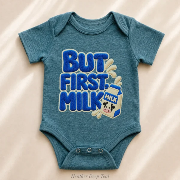 But First Milk Chenille Look Baby Bodysuit & Toddler Clothing — alternate product mockup but first milk baby bodysuit alternate angle