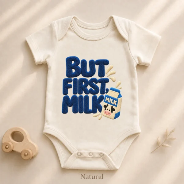 But First Milk Chenille Look Baby Bodysuit & Toddler Clothing — alternate product mockup but first milk baby bodysuit product photo