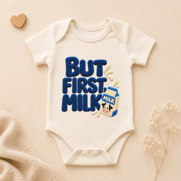 But First Milk Chenille Look Baby Bodysuit & Toddler Clothing — alternate product mockup but first milk baby bodysuit front view