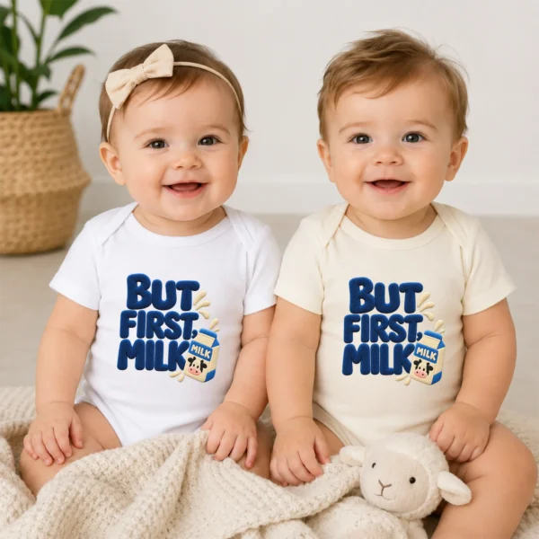 But First Milk Chenille Look Baby Bodysuit & Toddler Clothing — baby bodysuit mockup but first milk baby bodysuit model mockup