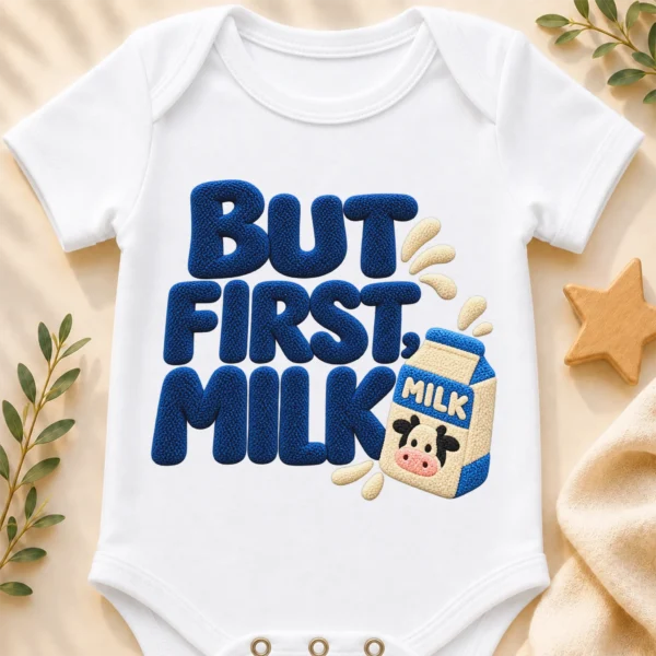 but first milk baby bodysuit close-up detail