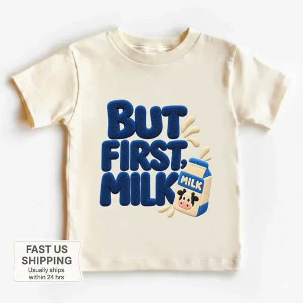 But First Milk Chenille Look Baby Bodysuit & Toddler Clothing — toddler shirt mockup but first milk baby bodysuit product photo