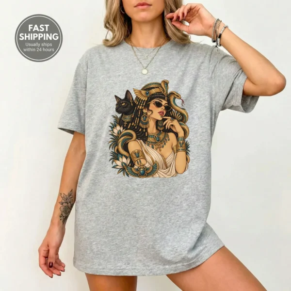Egyptian Inspired Woman Shirt, Black Cat Serpent Art — alternate product mockup egyptian inspired woman shirt t-shirt styled product photo