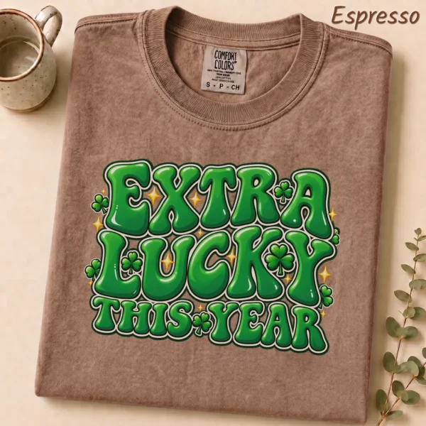 New Year's Lettering Multi Style Apparel Extra Lucky This Year Shirt — alternate product mockup extra lucky this year lettering multi-style apparel t-shirt alternate angle