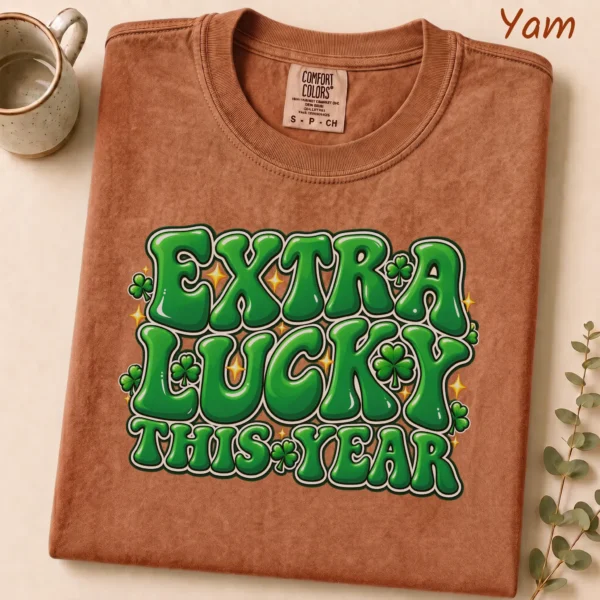 New Year's Lettering Multi Style Apparel Extra Lucky This Year Shirt — alternate product mockup extra lucky this year lettering multi-style apparel t-shirt lifestyle scene