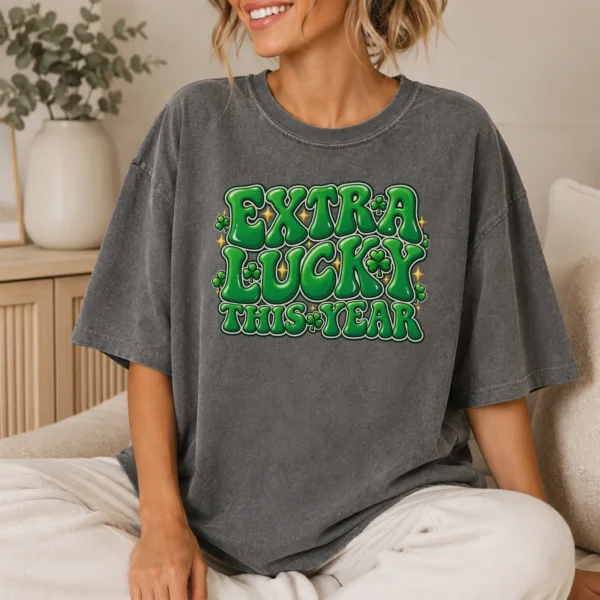 New Year's Lettering Multi Style Apparel Extra Lucky This Year Shirt — lifestyle mockup extra lucky this year lettering multi-style apparel t-shirt lifestyle scene