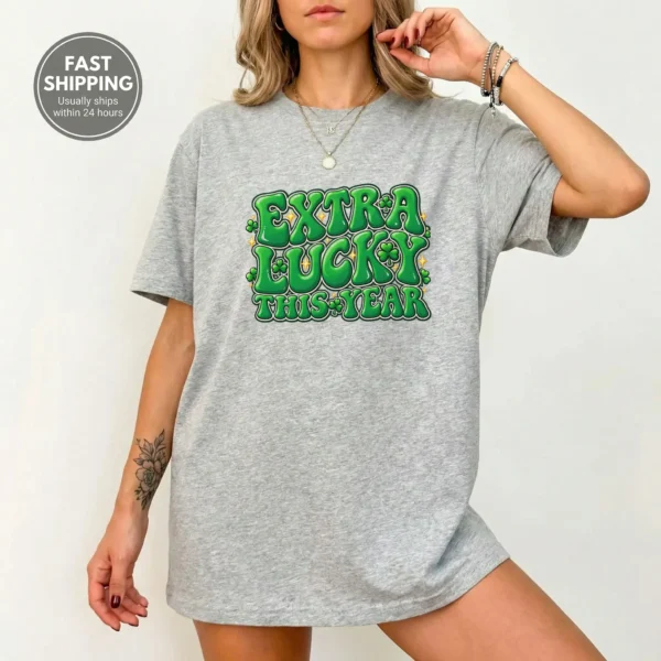 New Year's Lettering Multi Style Apparel Extra Lucky This Year Shirt — alternate product mockup extra lucky this year lettering multi-style apparel t-shirt product photo
