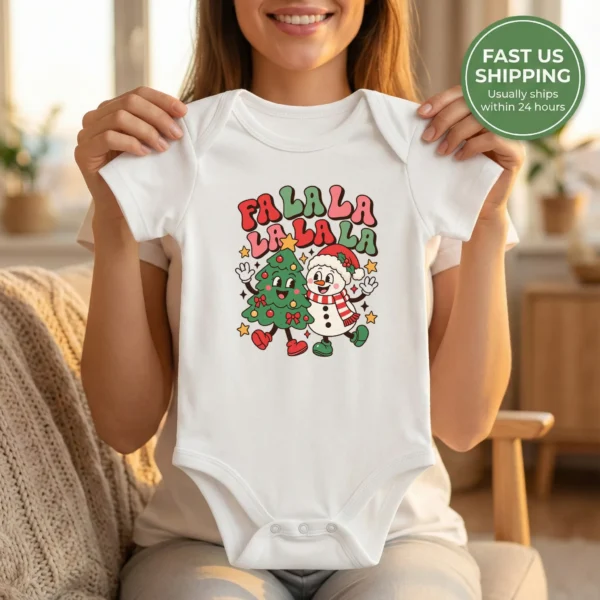 Fa La La Snowman and Christmas Tree Baby Bodysuit Retro Holiday Art — baby bodysuit mockup fa la la snowman and Christmas tree baby bodysuit product photo