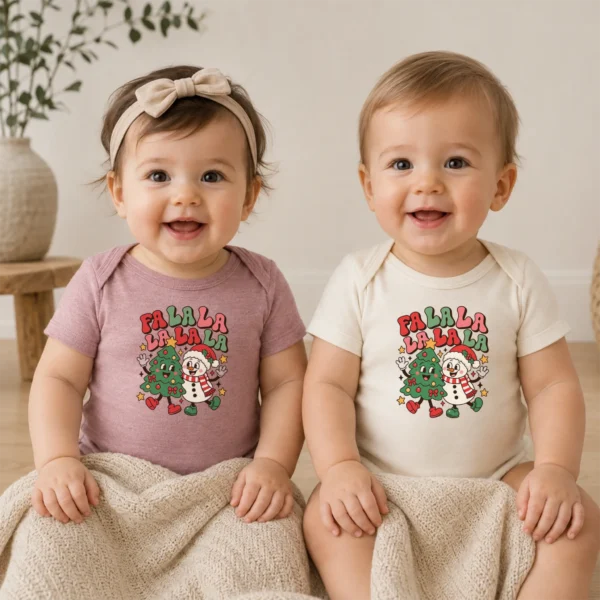 Fa La La Snowman and Christmas Tree Baby Bodysuit Retro Holiday Art — baby bodysuit mockup fa la la snowman and Christmas tree baby bodysuit model mockup
