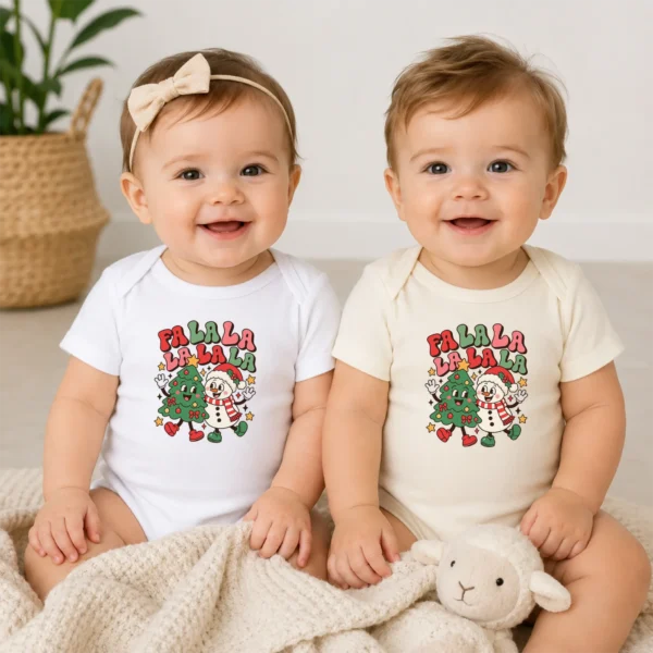 Fa La La Snowman and Christmas Tree Baby Bodysuit Retro Holiday Art — baby bodysuit mockup fa la la snowman and Christmas tree baby bodysuit model mockup