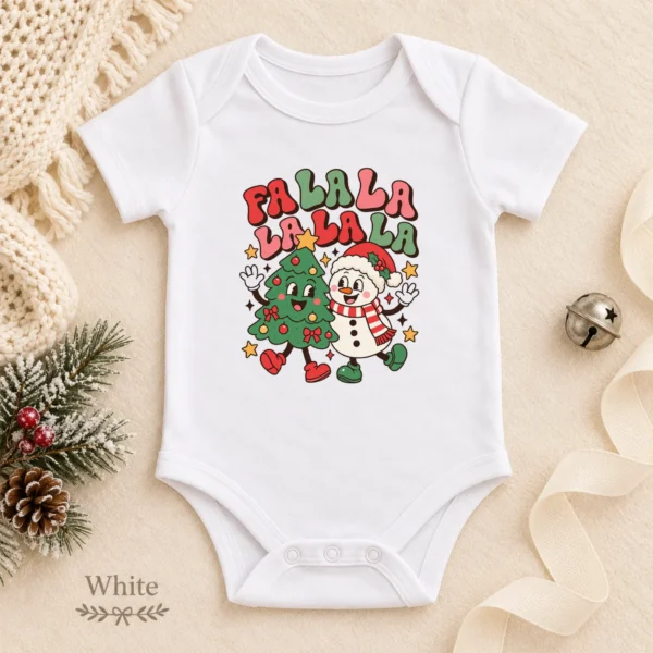 Fa La La Snowman and Christmas Tree Baby Bodysuit Retro Holiday Art — alternate product mockup fa la la snowman and Christmas tree baby bodysuit color options