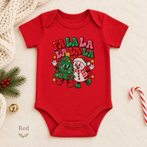 Fa La La Snowman and Christmas Tree Baby Bodysuit Retro Holiday Art — alternate product mockup fa la la snowman and Christmas tree baby bodysuit color options