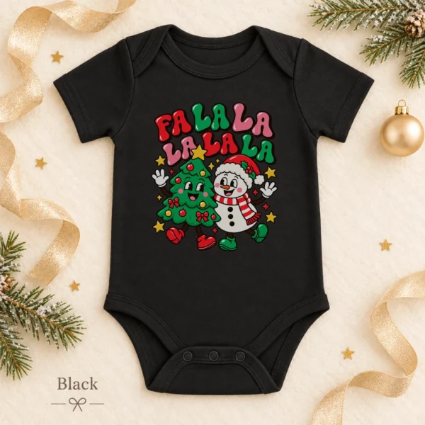 Fa La La Snowman and Christmas Tree Baby Bodysuit Retro Holiday Art — alternate product mockup fa la la snowman and Christmas tree baby bodysuit color options