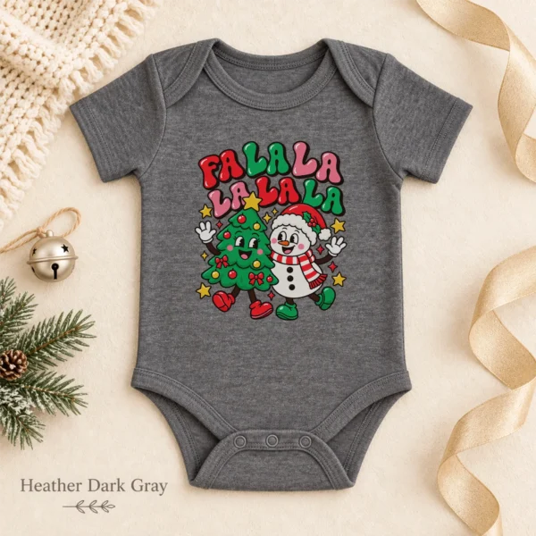 Fa La La Snowman and Christmas Tree Baby Bodysuit Retro Holiday Art — alternate product mockup fa la la snowman and Christmas tree baby bodysuit color options