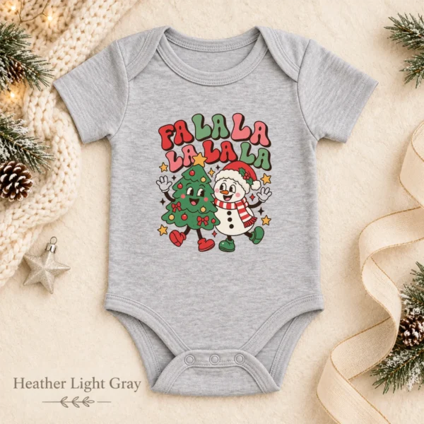 Fa La La Snowman and Christmas Tree Baby Bodysuit Retro Holiday Art — alternate product mockup fa la la snowman and Christmas tree baby bodysuit color options