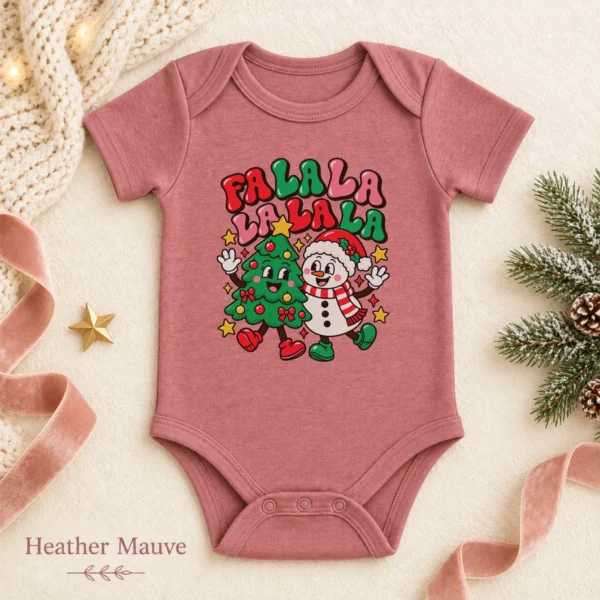 Fa La La Snowman and Christmas Tree Baby Bodysuit Retro Holiday Art — alternate product mockup fa la la snowman and Christmas tree baby bodysuit color options