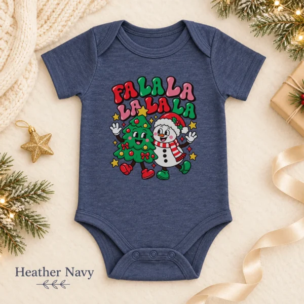 Fa La La Snowman and Christmas Tree Baby Bodysuit Retro Holiday Art — alternate product mockup fa la la snowman and Christmas tree baby bodysuit color options