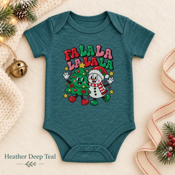 Fa La La Snowman and Christmas Tree Baby Bodysuit Retro Holiday Art — alternate product mockup fa la la snowman and Christmas tree baby bodysuit color options