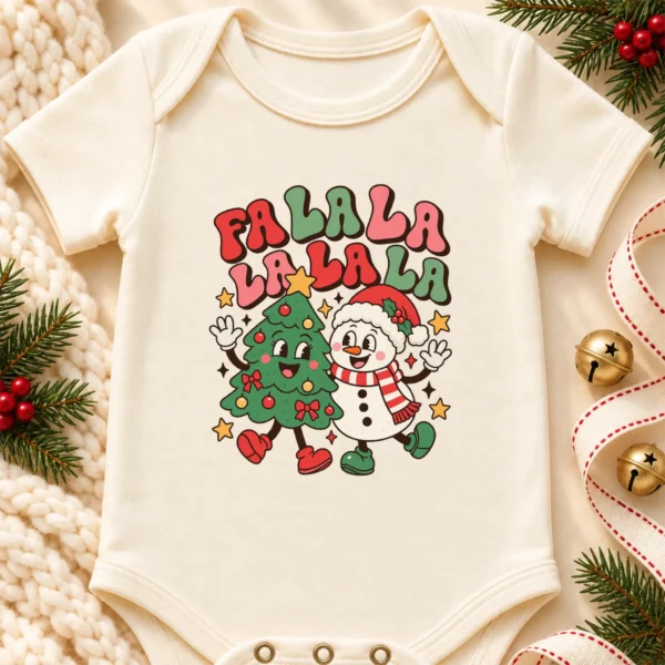 Fa La La Snowman and Christmas Tree Baby Bodysuit Retro Holiday Art — alternate product mockup fa la la snowman and Christmas tree baby bodysuit product photo