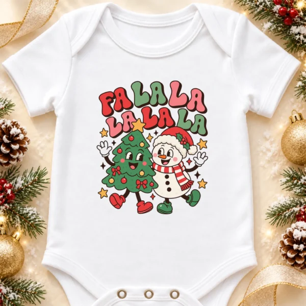 Fa La La Snowman and Christmas Tree Baby Bodysuit Retro Holiday Art — alternate product mockup fa la la snowman and Christmas tree baby bodysuit product photo