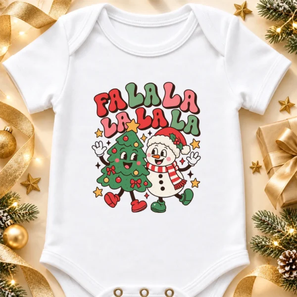 Fa La La Snowman and Christmas Tree Baby Bodysuit Retro Holiday Art — alternate product mockup fa la la snowman and Christmas tree baby bodysuit product photo
