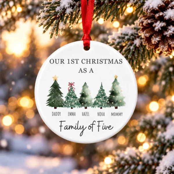 Personalized Family Christmas Ornament with Custom Name Trees — alternate product mockup family Christmas ornament product image alternate angle