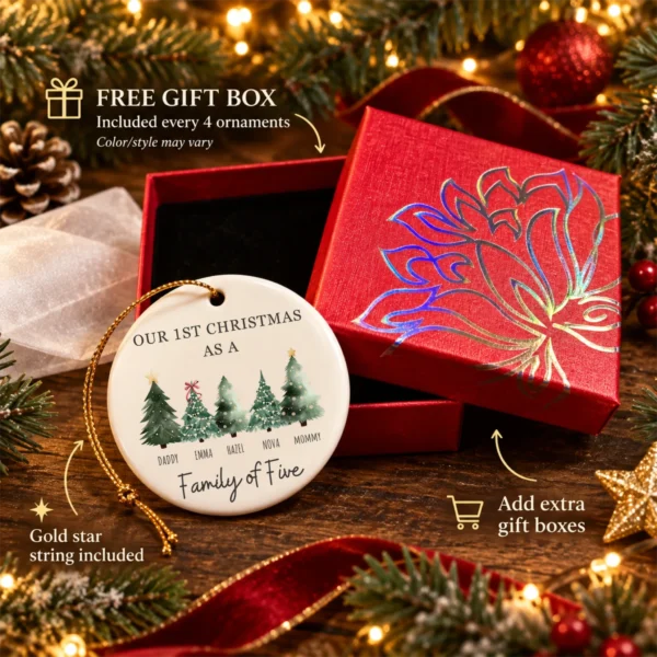 Personalized Family Christmas Ornament with Custom Name Trees — alternate product mockup family Christmas ornament product image packaging view