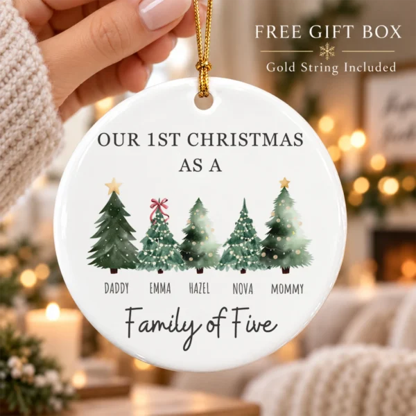 Personalized Family Christmas Ornament with Custom Name Trees — alternate product mockup family Christmas ornament product image styled product photo
